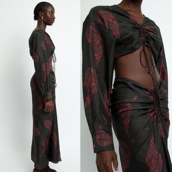 Christopher Esber Ruched Silk Crop Top Skirt Set Paisley Print Sz 10 Black Multi - Picture 2 of 12